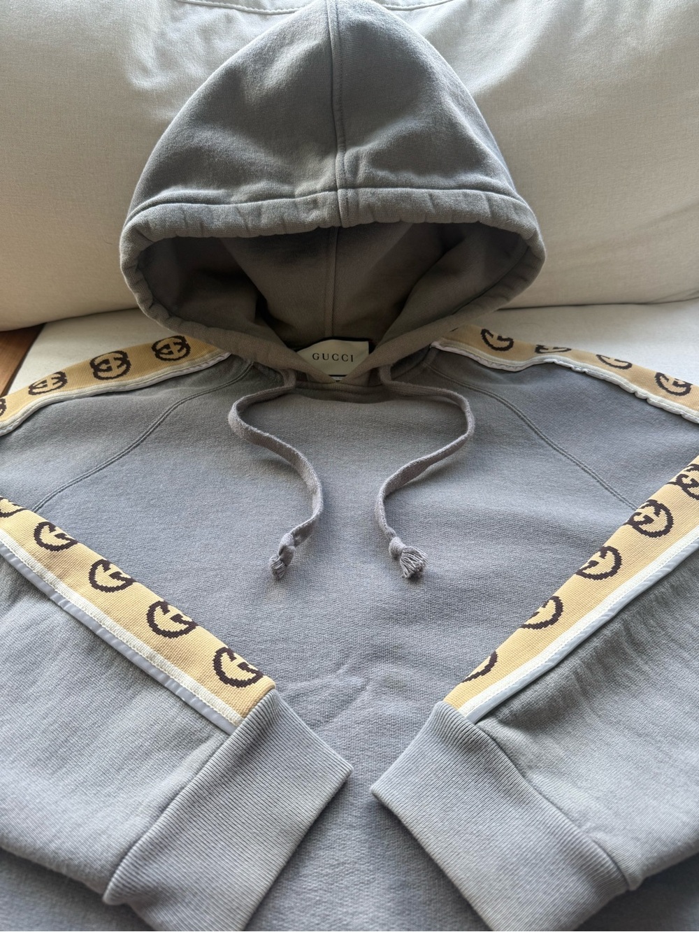 Gucci Gray Hoodie with Beige Logo Tape Accents